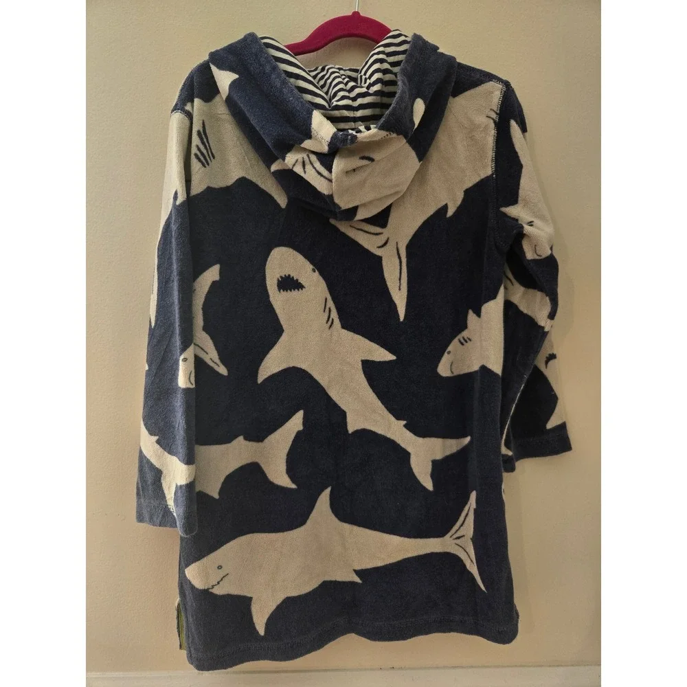 Mini Boden Kids Navy Shark Print Hooded Terry Cloth Towel Cover-Up Size 7-8Y